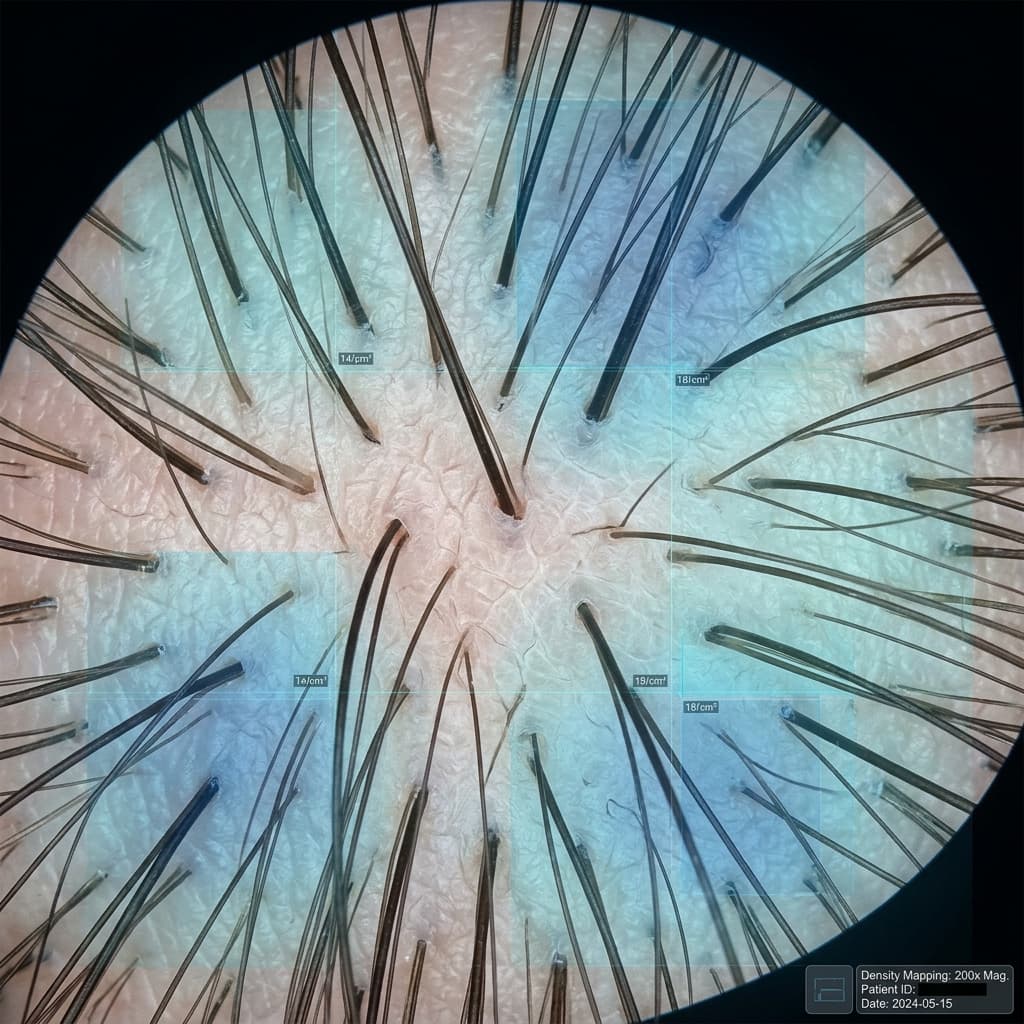 ScalpX follicle density mapping through dermatoscope lens showing per-cm² counting