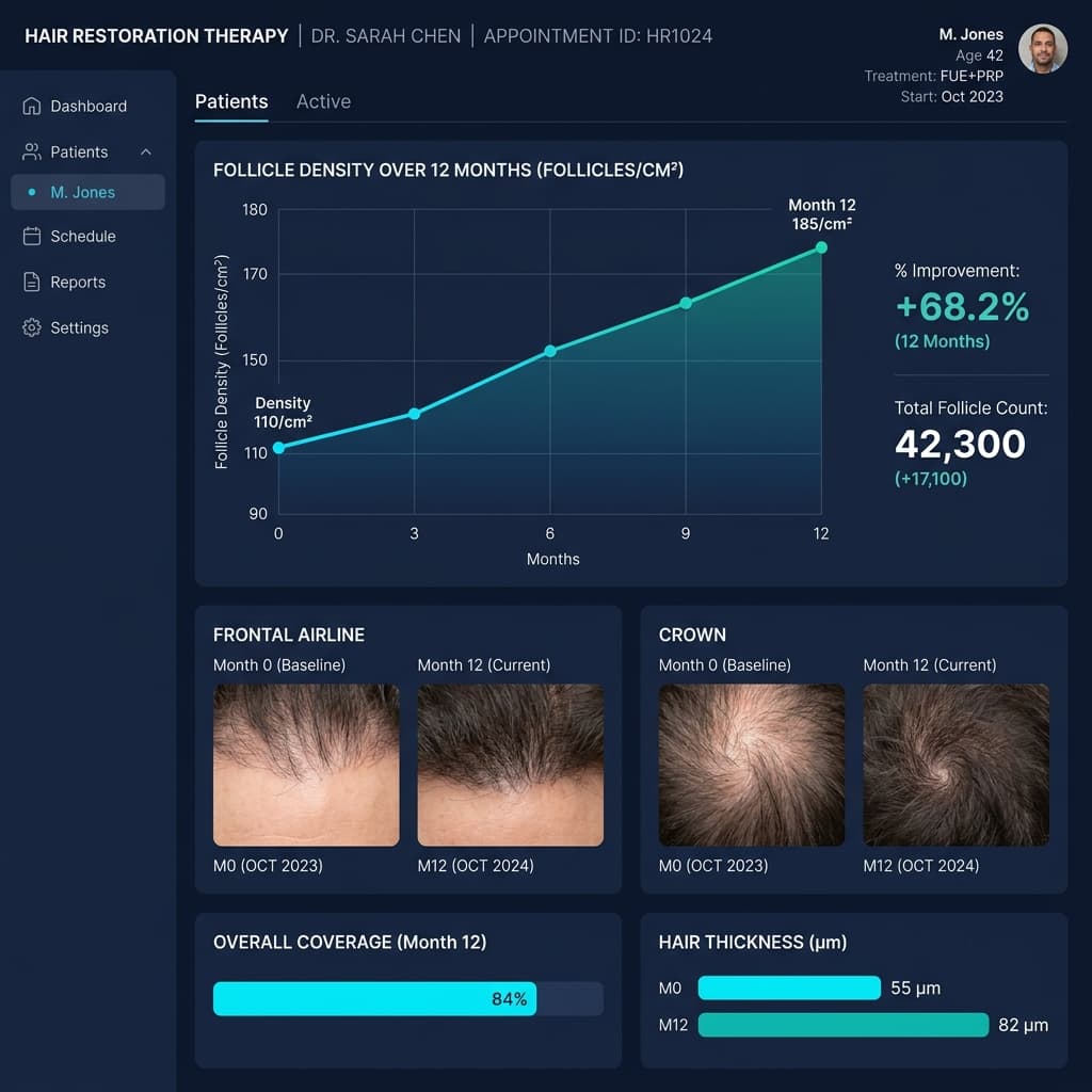 ScalpX longitudinal treatment tracking dashboard with follicle density charts